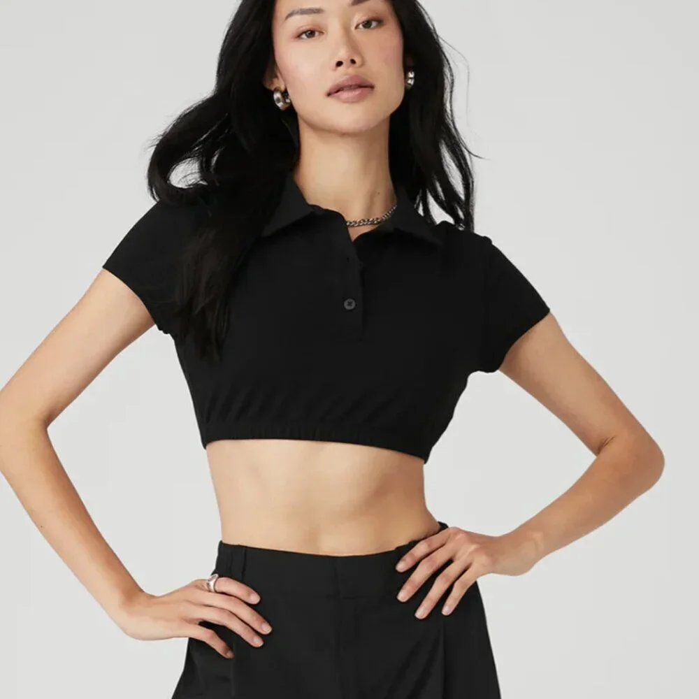 Alo | Cropped Prestige Polo Shirt Collared Built in Bra Top Pique Black Size L